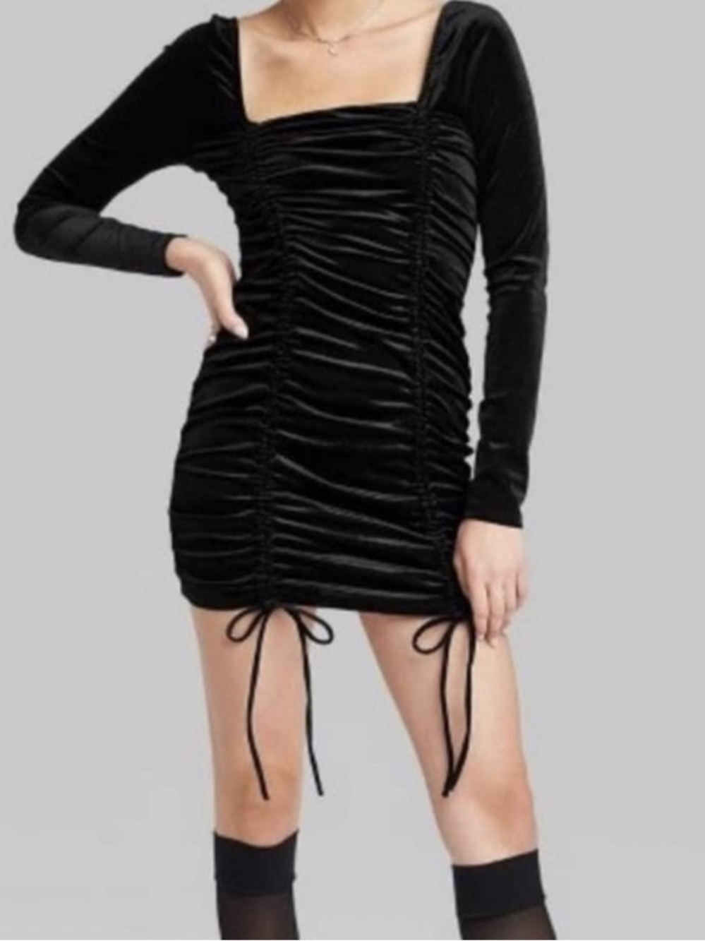 wild fable Black Ruched Velvet Long-Sleeve Mini Dress with Drawstrings